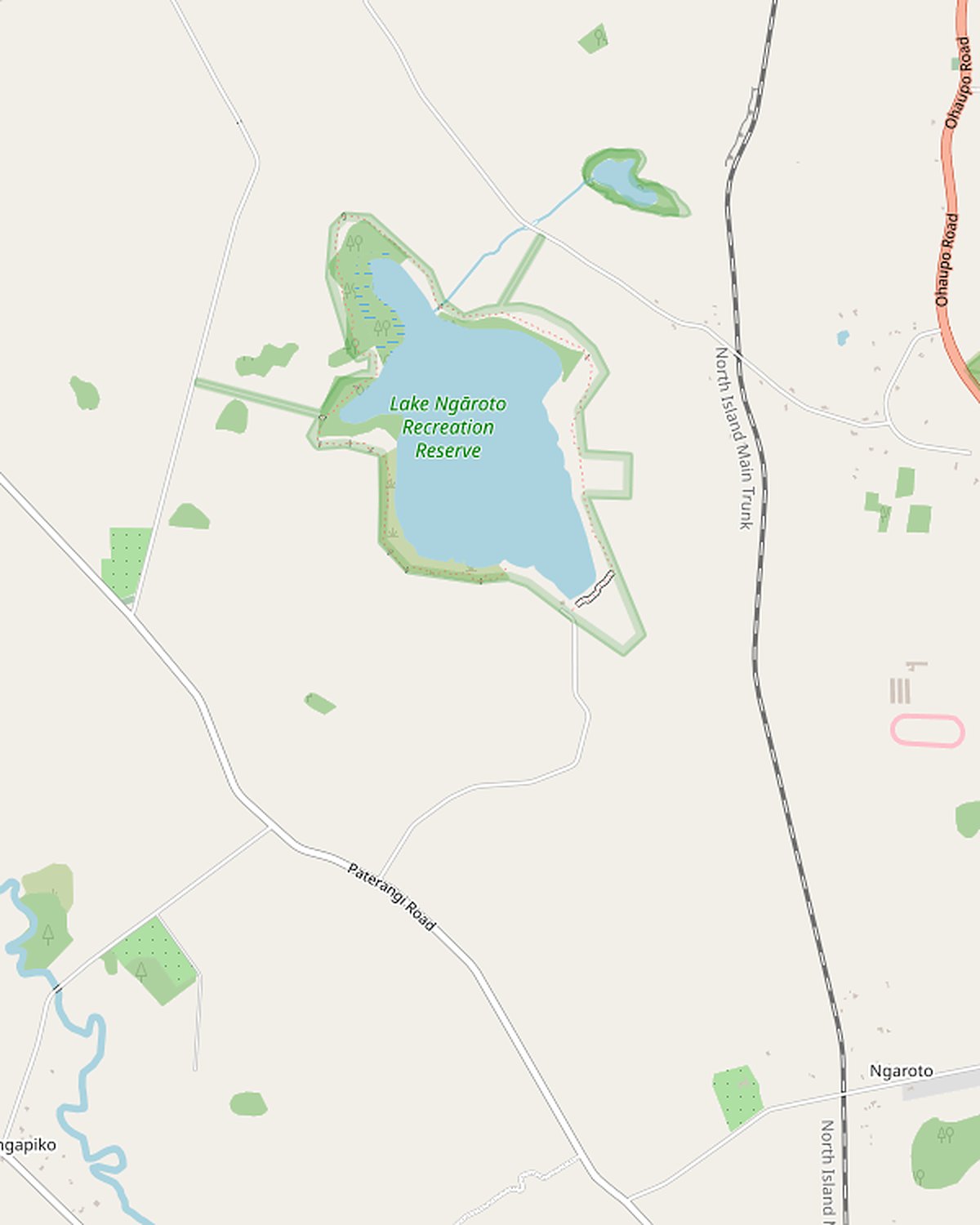 Map of the last few kilometres: Paterangi Road, then Bank Road to the gate by Lake Ngāroto